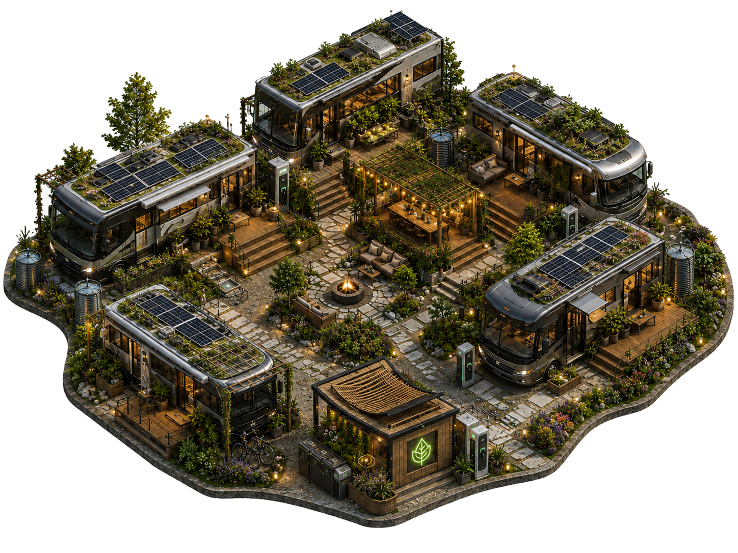 An illustrated shared courtyard representing the social spaces in Victory