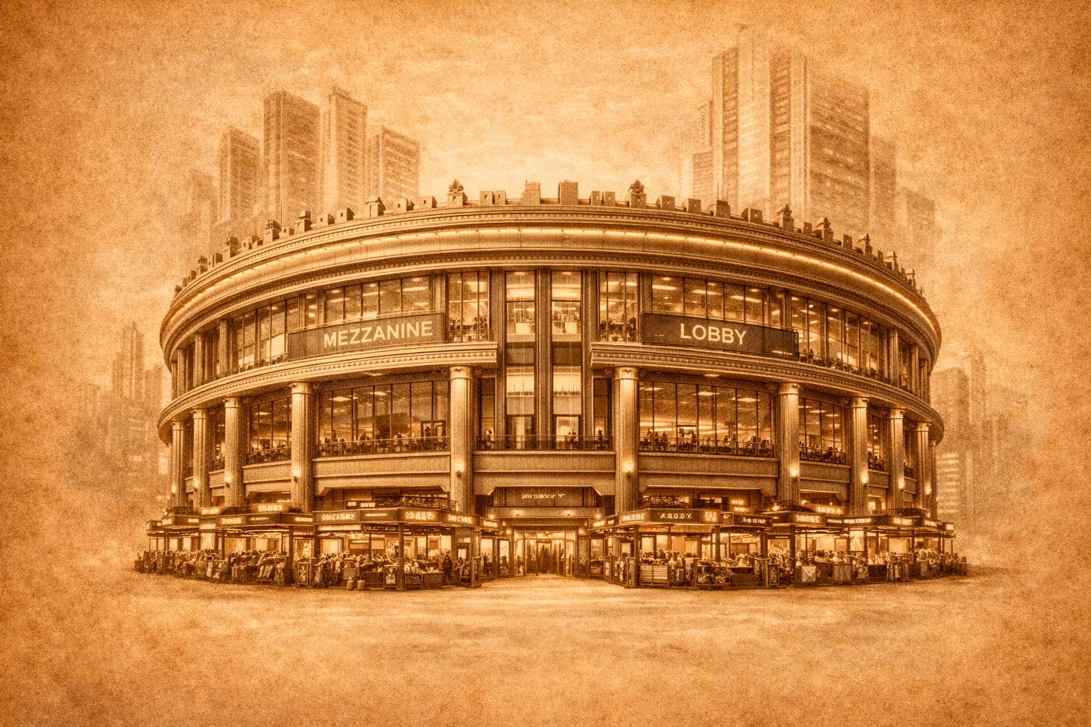 An illustrated Victory theater glowing against a city skyline